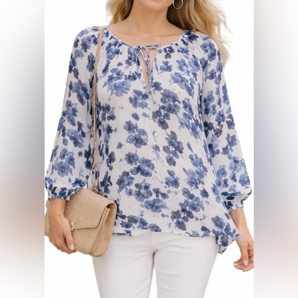 Joie M Blue White Floral Silk Chiffon Tunic Semi Sheer Blouse Shirt 3/4 Sleeve